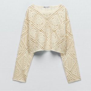 Zara Ecru Crocheted Knit Cropped Sweater